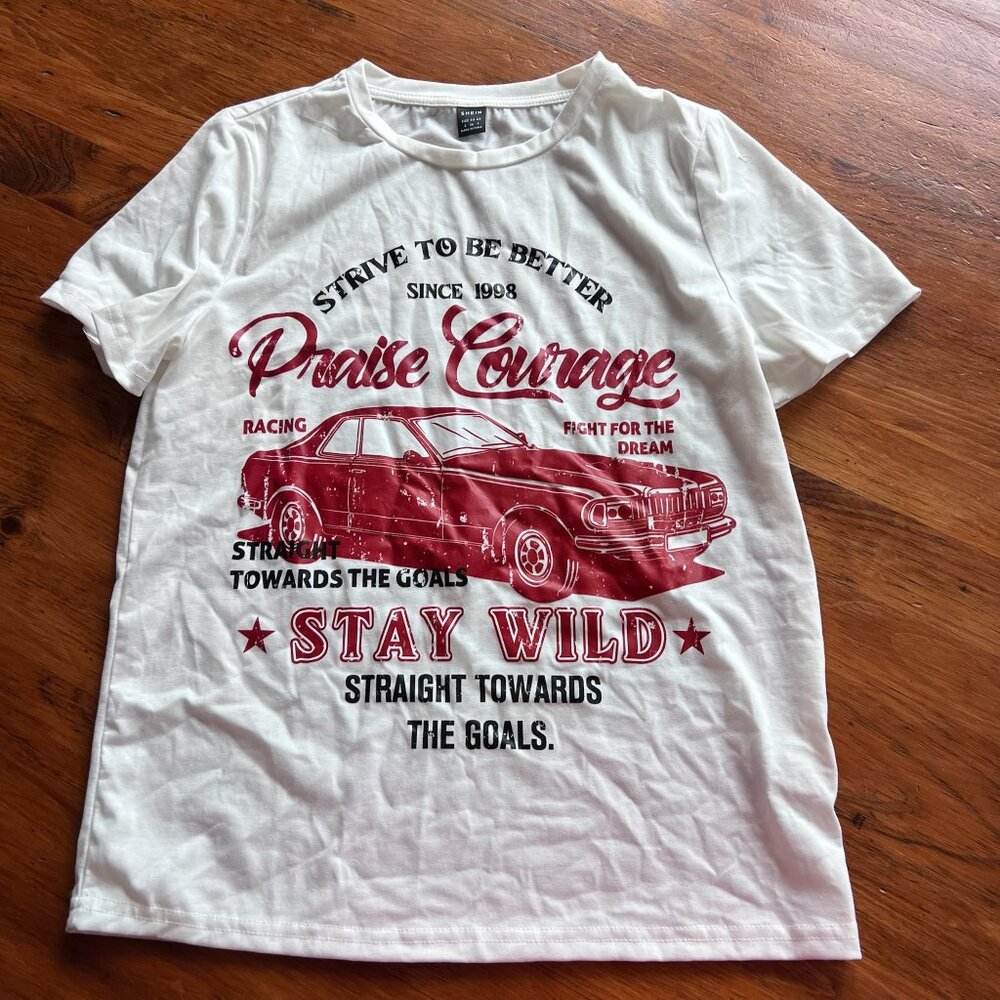 EUC Shein White Graphic Car T-Shirt Sz Small